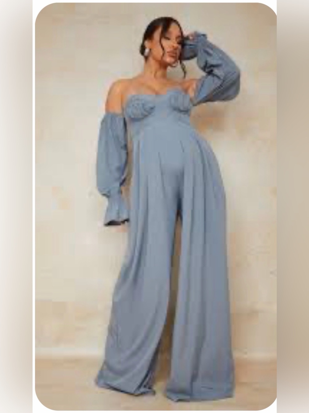 PrettyLittleThing Dusty Blue Off-Shoulder Corset top Wide-Leg Maternity Jumpsuit